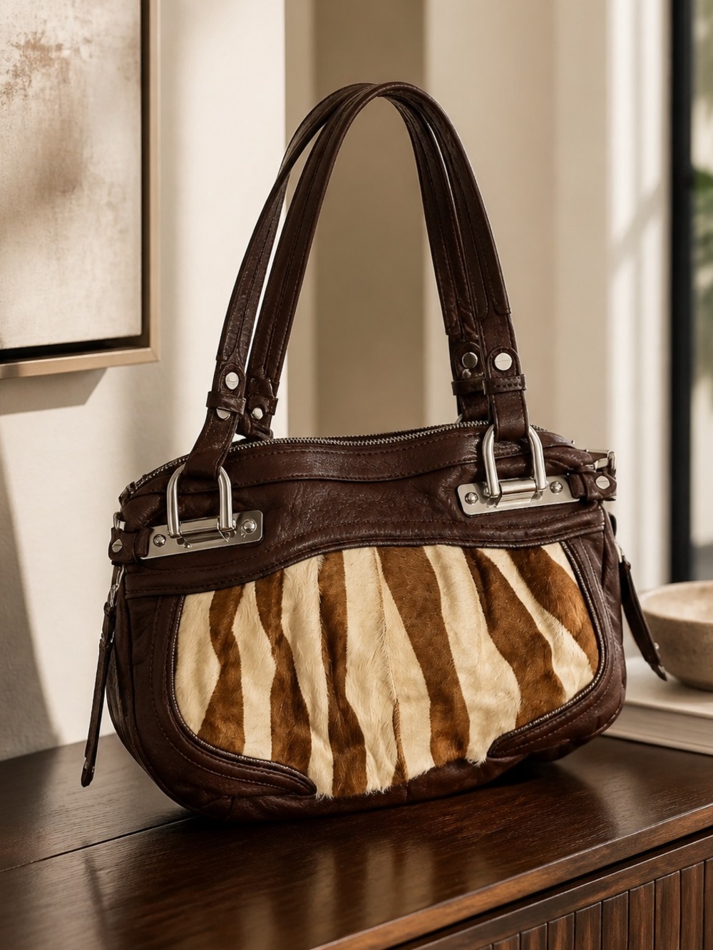 B MAKOWSKY Brown SOFT Leather & Zebra Fur CANTERBURY TOTE - Picture 3 of 10